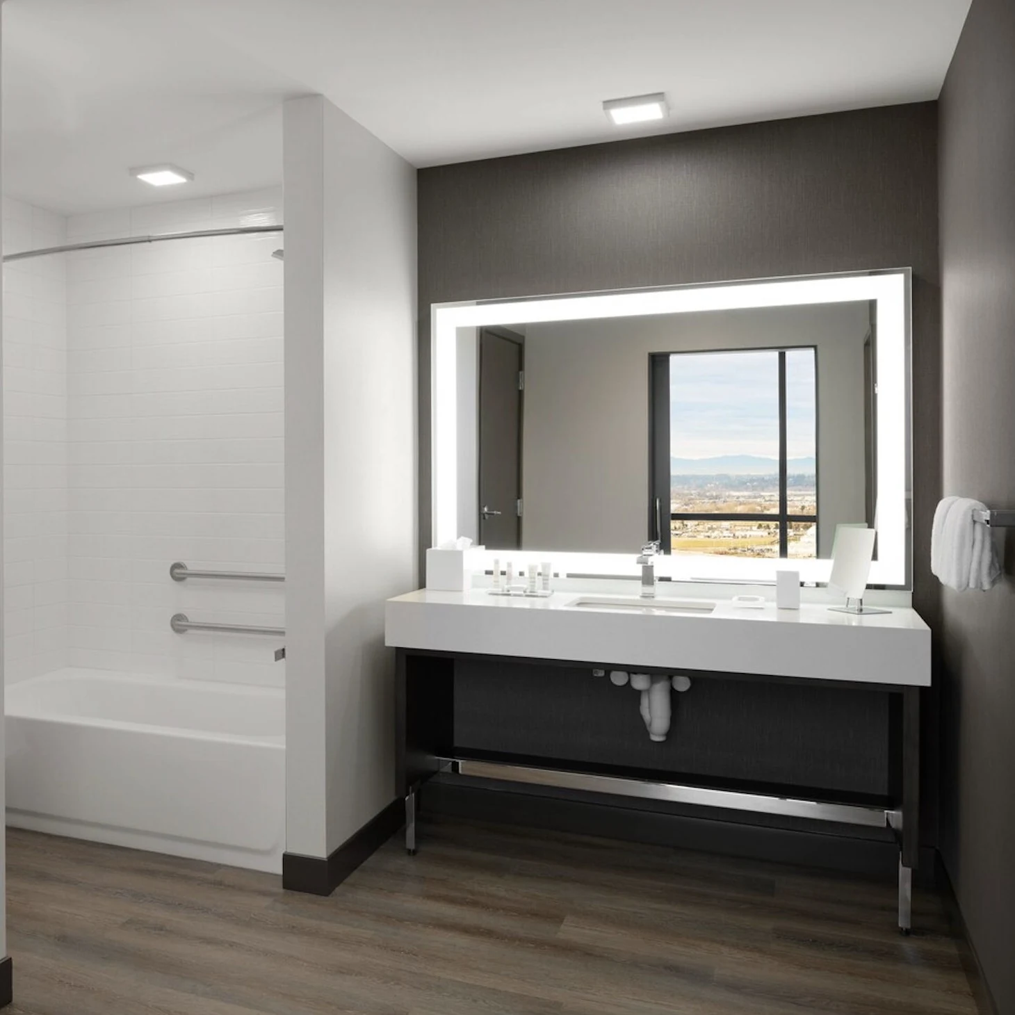 Accessible bathroom with grab rails vanity and lighted mirror package
