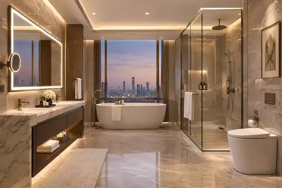 Hotel bathroom with lighted mirror vanity bathtub and walk-in shower supplied by Songdom
