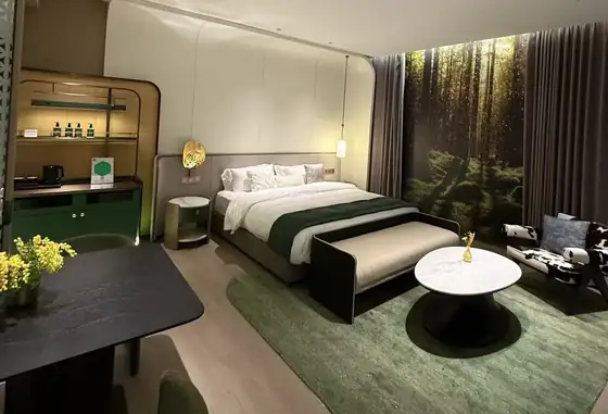 Hotel guest room with in room appliances and case goods package