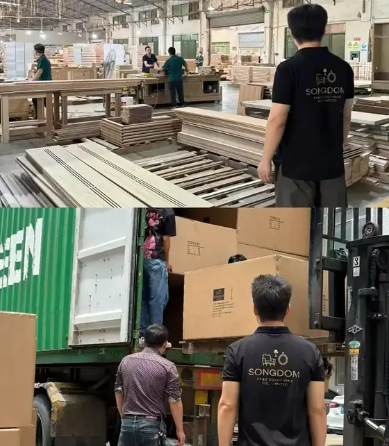 Songdom team coordinating packed FF and E cartons and container loading at the factory