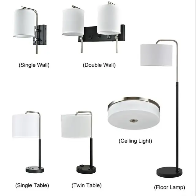 Guest room lighting set showing single wall double wall table floor and ceiling configurations