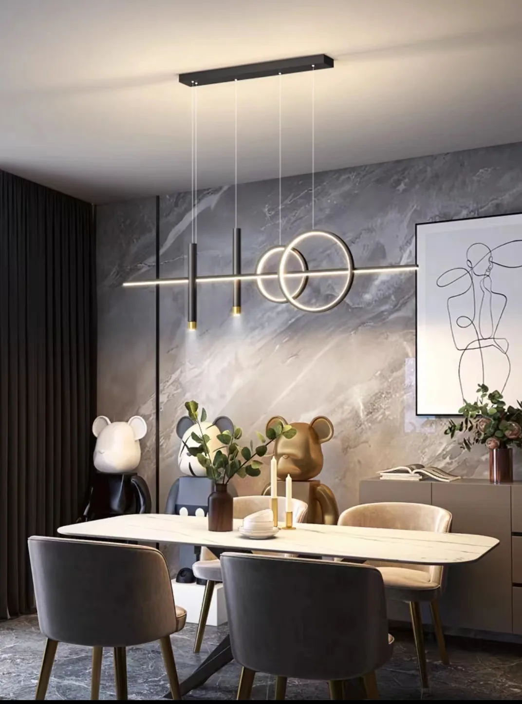 Dining room with ring pendant lighting above the table