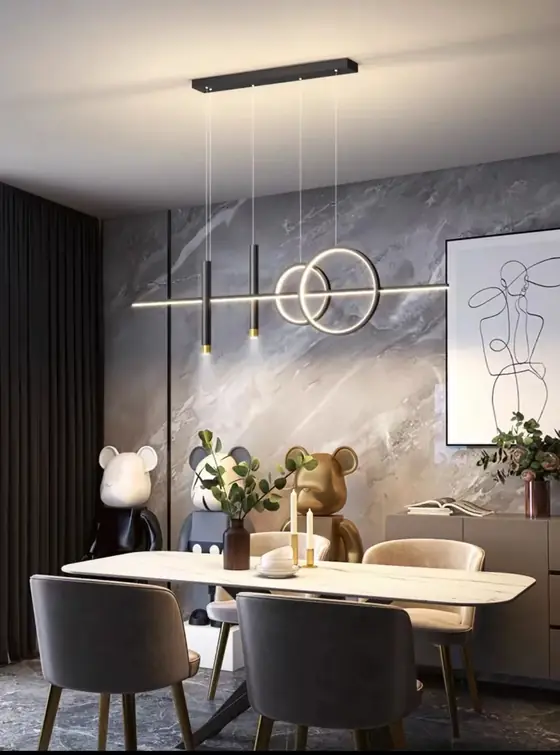 Dining room with ring pendant lighting above the table