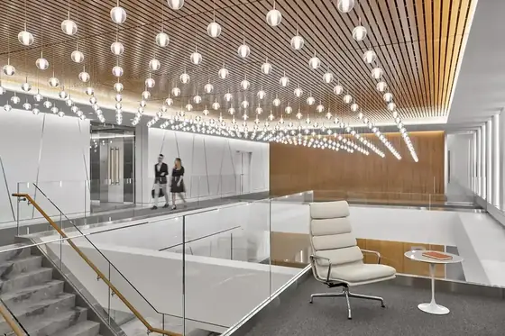 Hotel lobby lit by linear pendant lighting from SFD Lighting