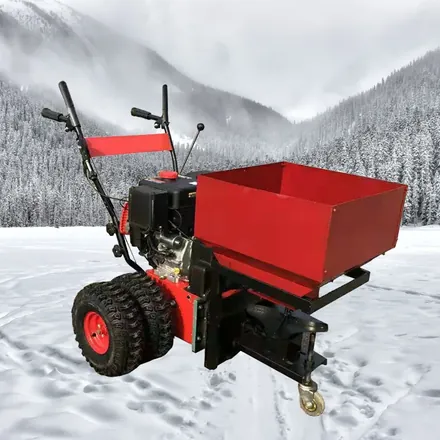 15HP gasoline spreader showing hopper and spinner assembly