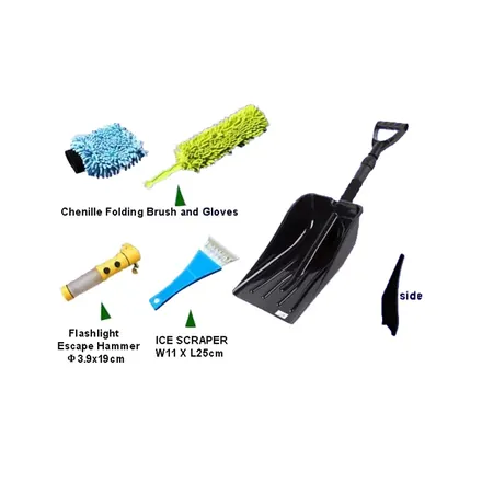 Foldable snow shovel shown alongside the range