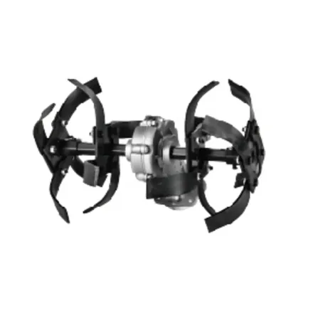 Close view of a tiller cultivator gearbox housing and output shaft