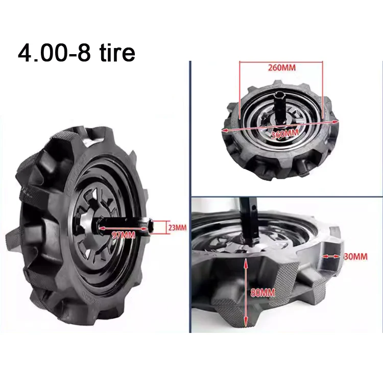 Replacement tyre and wheel assembly for a walk behind tiller