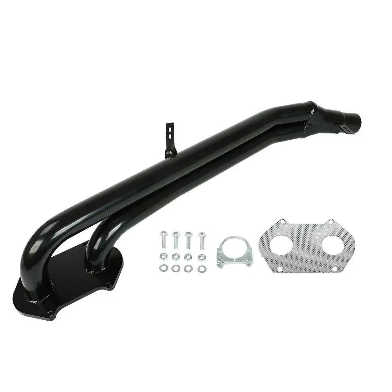 Black powder coated mid-steel exhaust header kit for 1979-1985 Mazda RX-7 1.1L with CNC machined flanges and included hardware