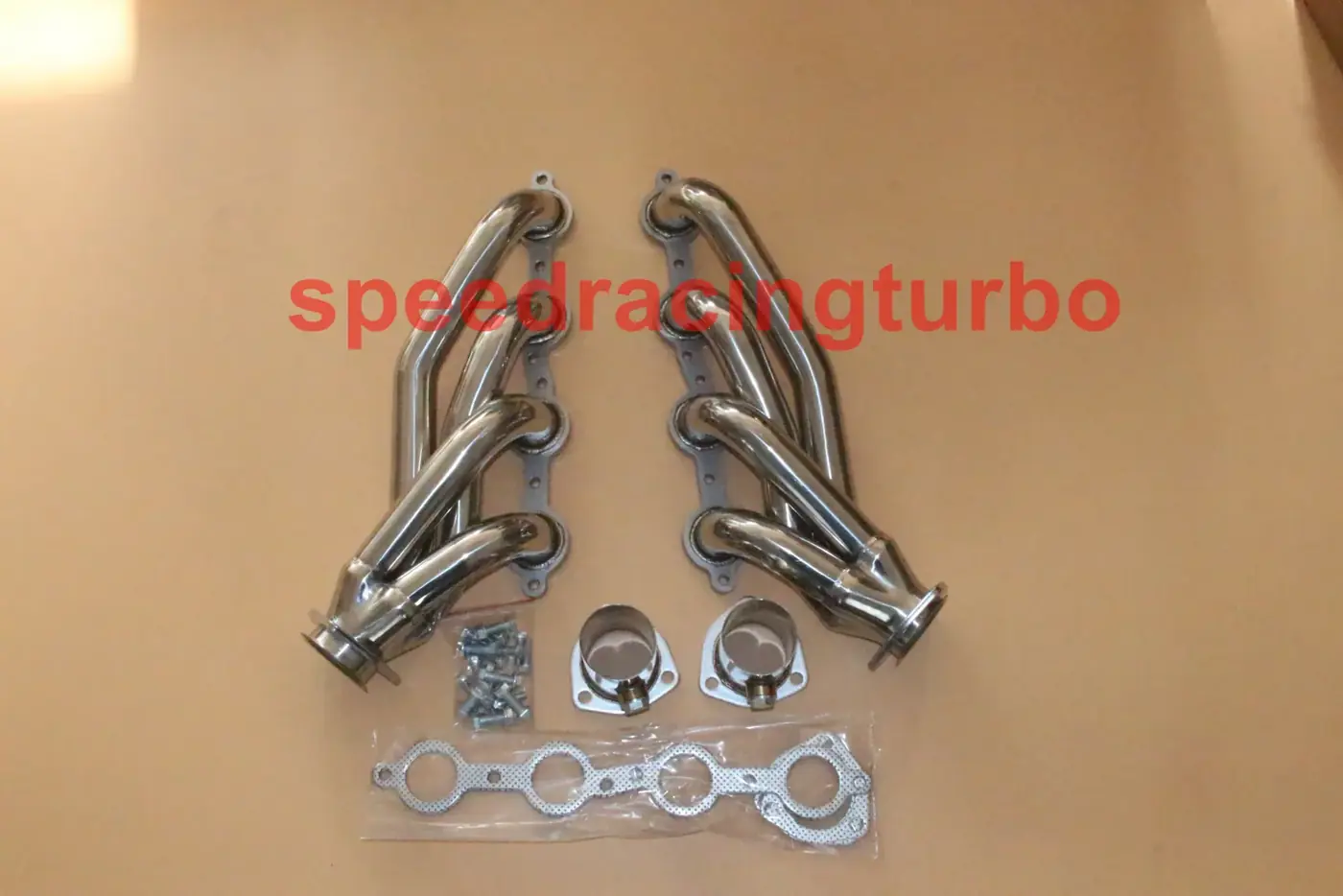 Mirror polished 201 stainless steel shorty exhaust headers with 1-5/8 inch primaries and CNC machined flanges