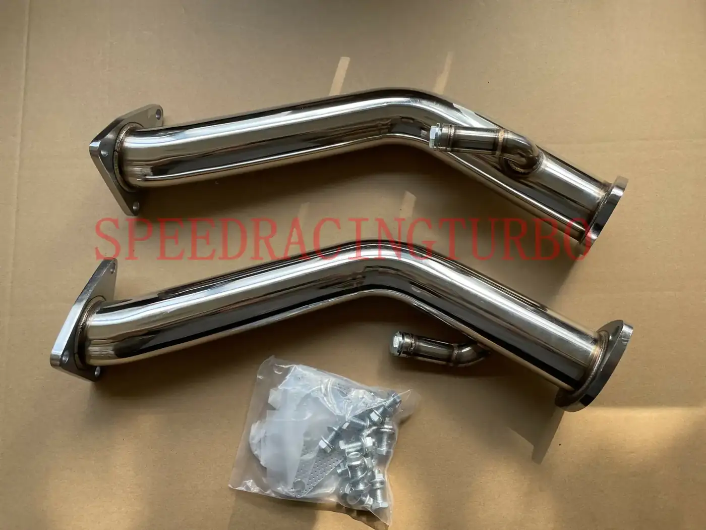 T-304 stainless steel 2.5 inch exhaust downpipe with CNC machined flanges and included hardware