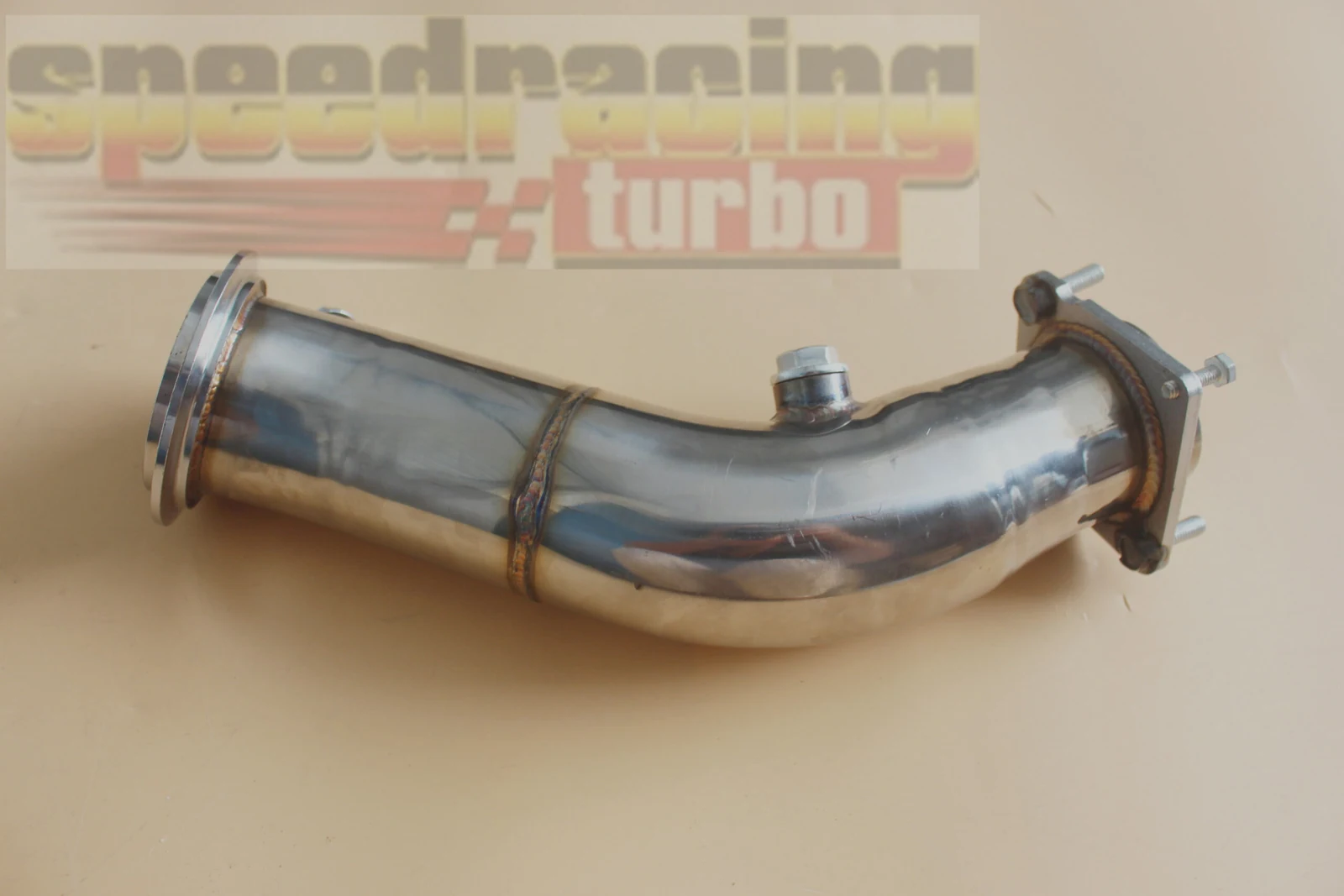 Detail shot of TIG welded joint on 3 inch stainless steel exhaust downpipe