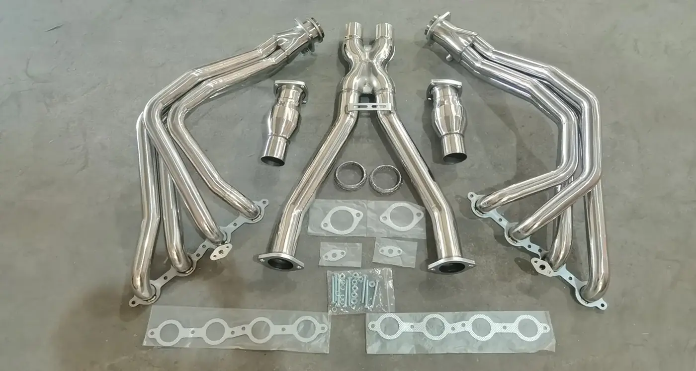 Polished stainless steel long tube exhaust header downpipe for 1997-2004 Corvette 5.7L V8 with 1-7/8 inch primaries and 3 inch X-pipe