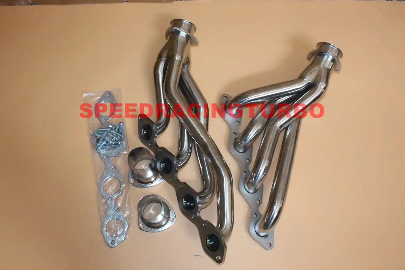 Polished stainless steel shorty exhaust headers for 1965-1973 Chevy GM Big Block V8 with CNC machined flanges