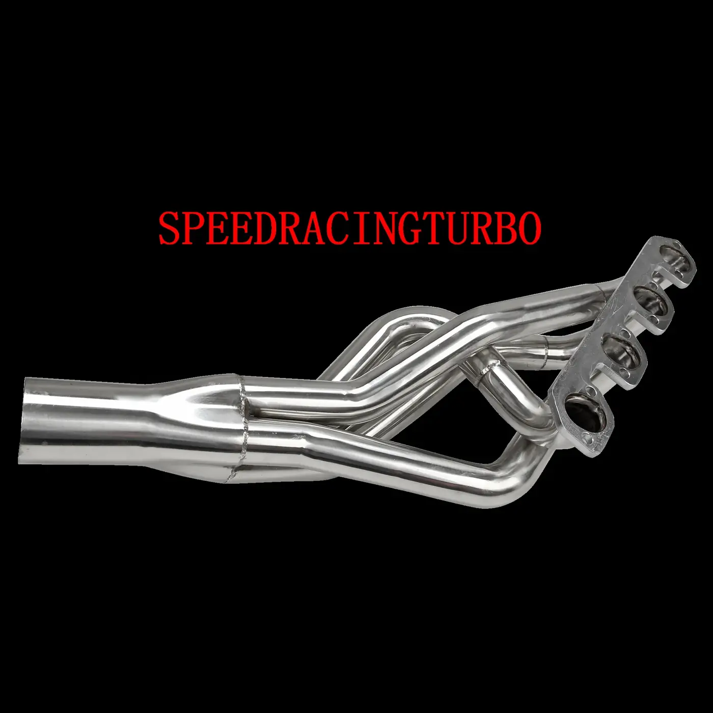 Side view of a 1-3/4 inch exhaust header showing the polished finish and factory routing