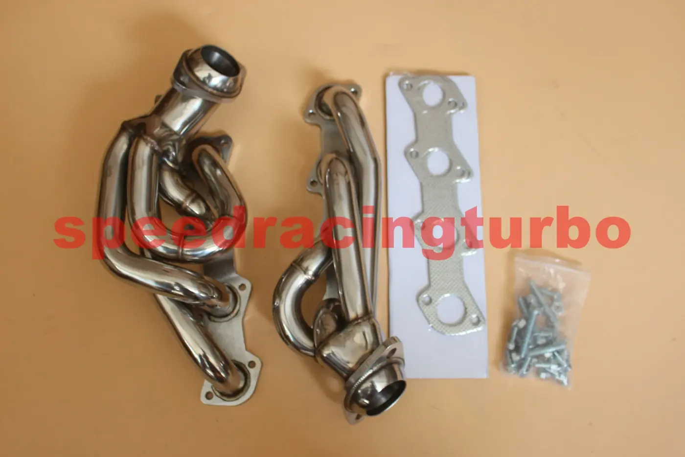 Mirror polished stainless steel 1-3/4 inch shorty exhaust header pair for Ford 5.4L V8 with CNC machined flanges