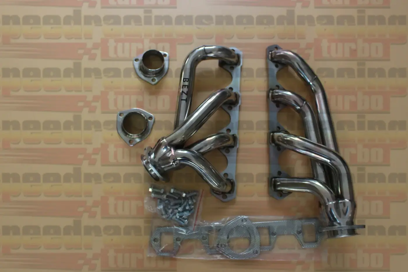 Stainless steel exhaust header for Small Block Ford 289 and 302 with polished finish and CNC machined flanges