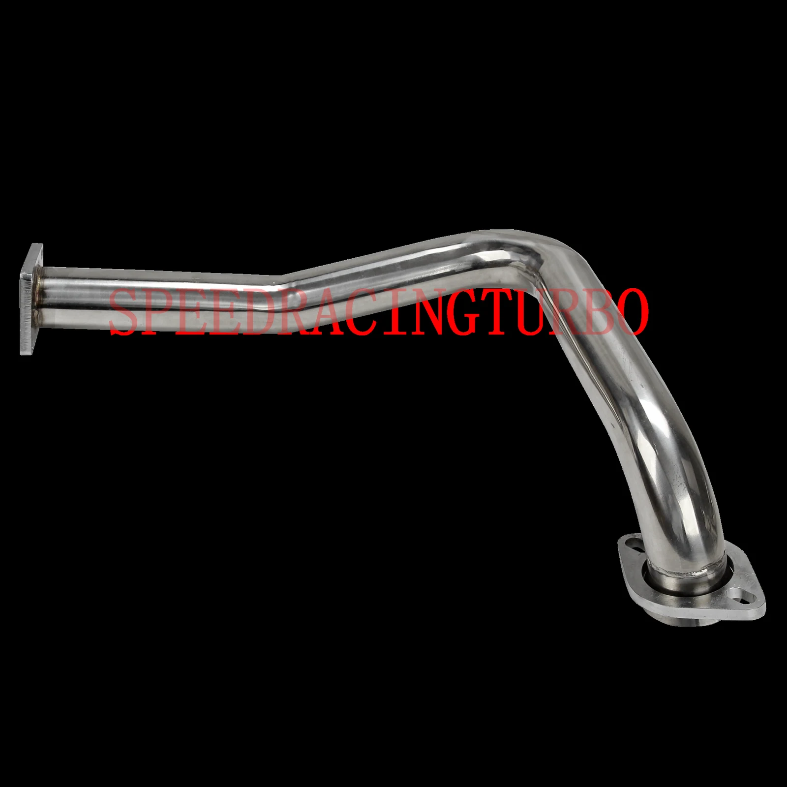 Top view of a polished stainless steel exhaust header with CNC machined flanges for Jeep Wrangler YJ