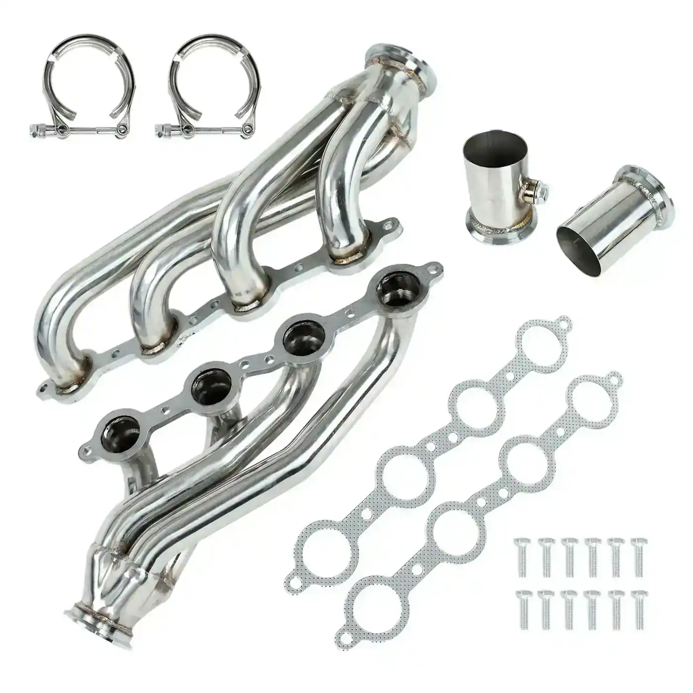 Polished 304 stainless steel exhaust header for 1960-1986 C-10 Chevy and GMC trucks with 1-5/8 inch primaries and V-Band collector