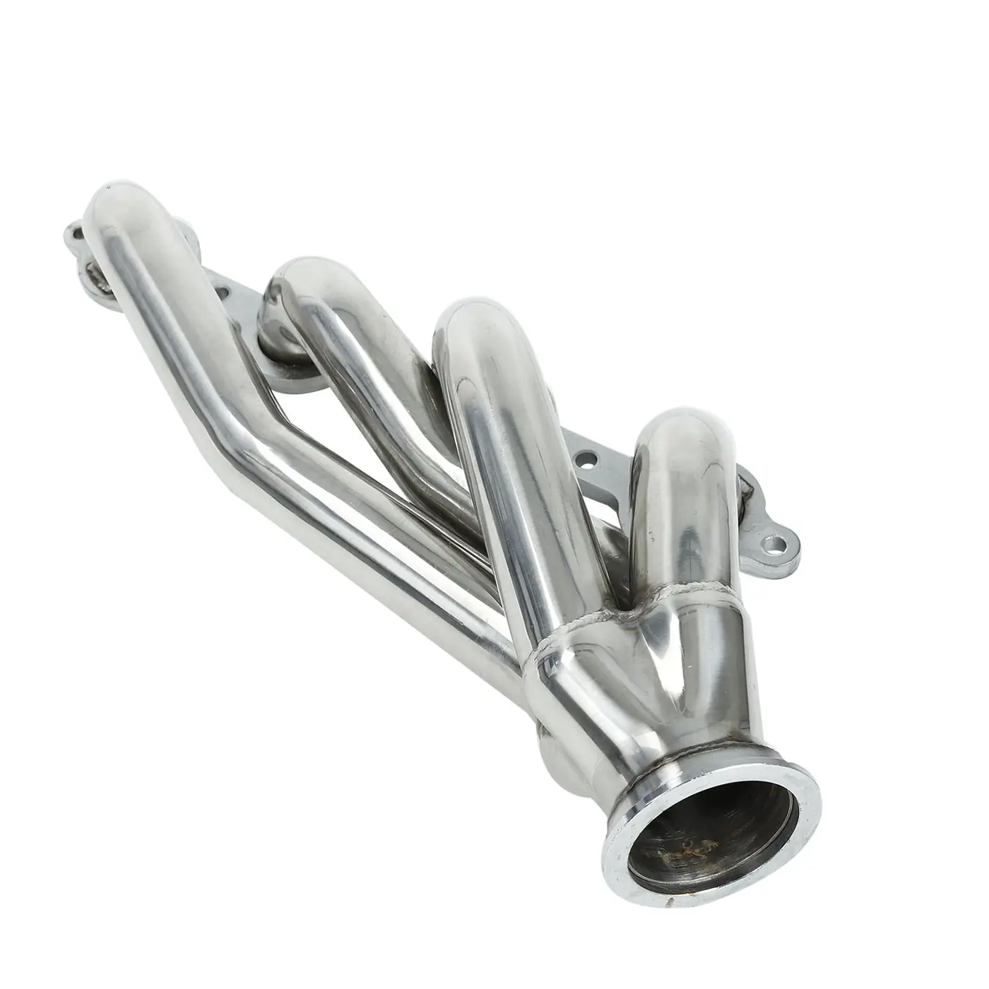 Close-up of port matched flanges on a 304 stainless exhaust header for LS engine swap in C-10 trucks