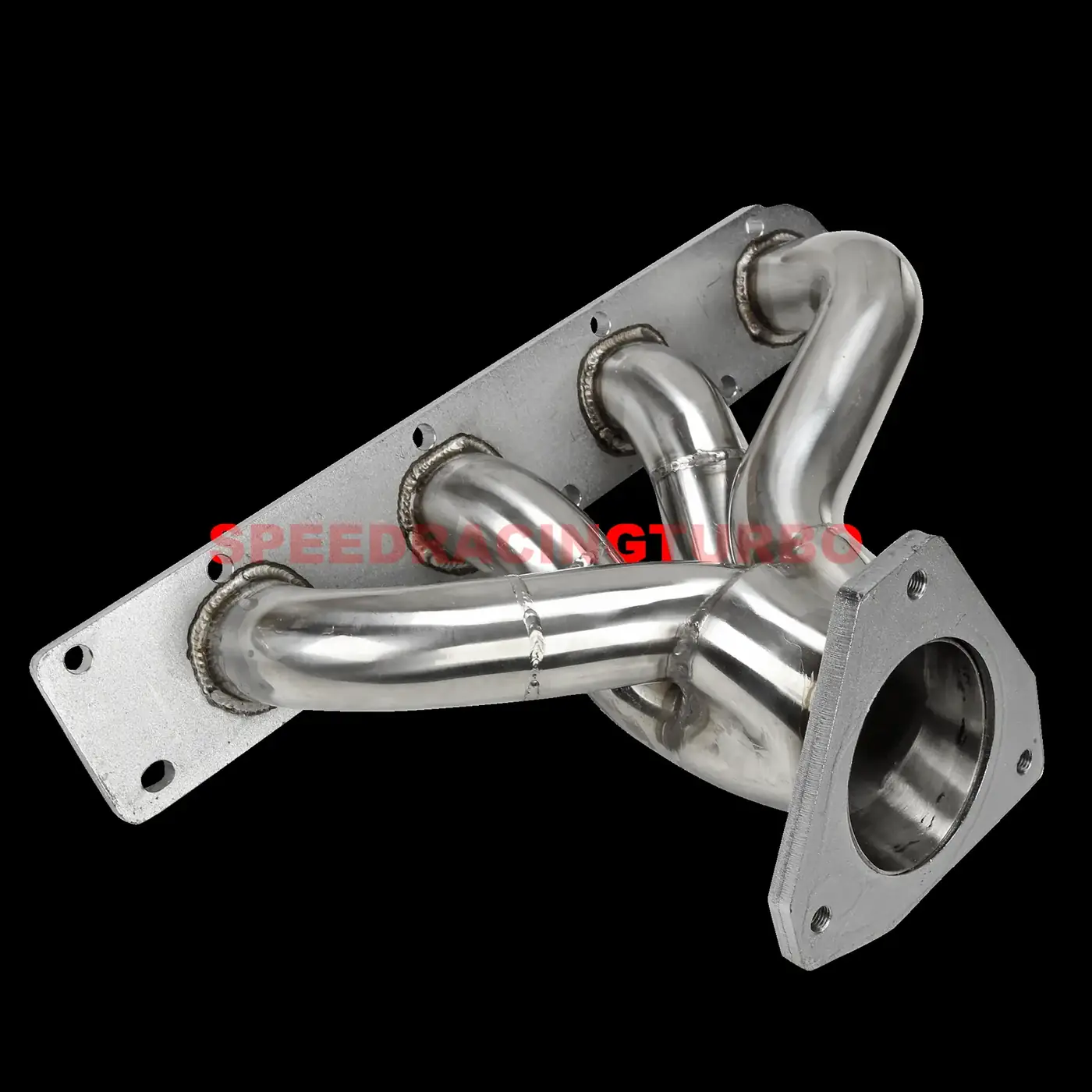 Polished stainless steel four into one exhaust header on a black studio background