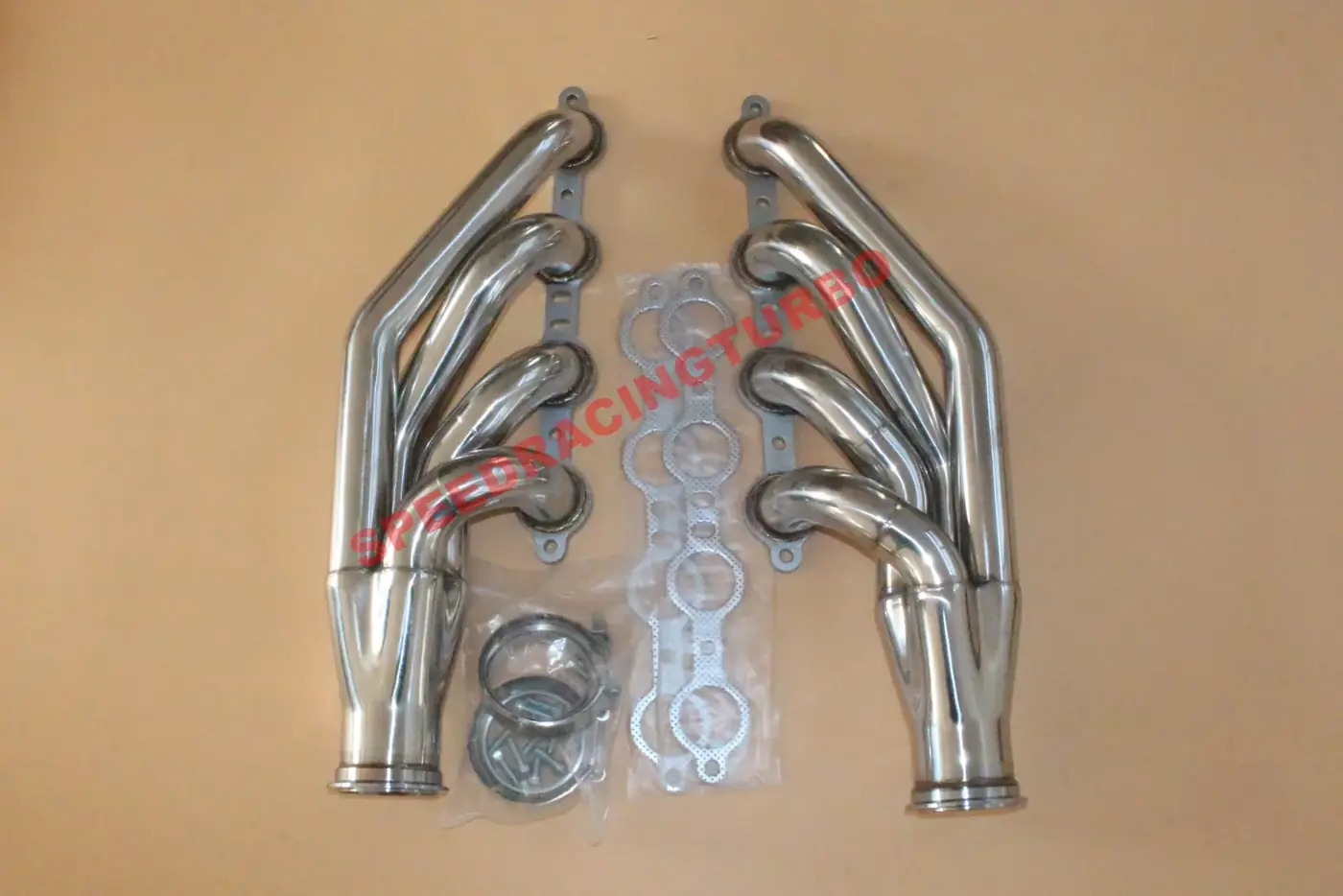 Pair of polished stainless steel 4-1 exhaust headers for 1997-2014 Chevrolet small block V8 with 1.76 inch primaries and 2.89 inch collector