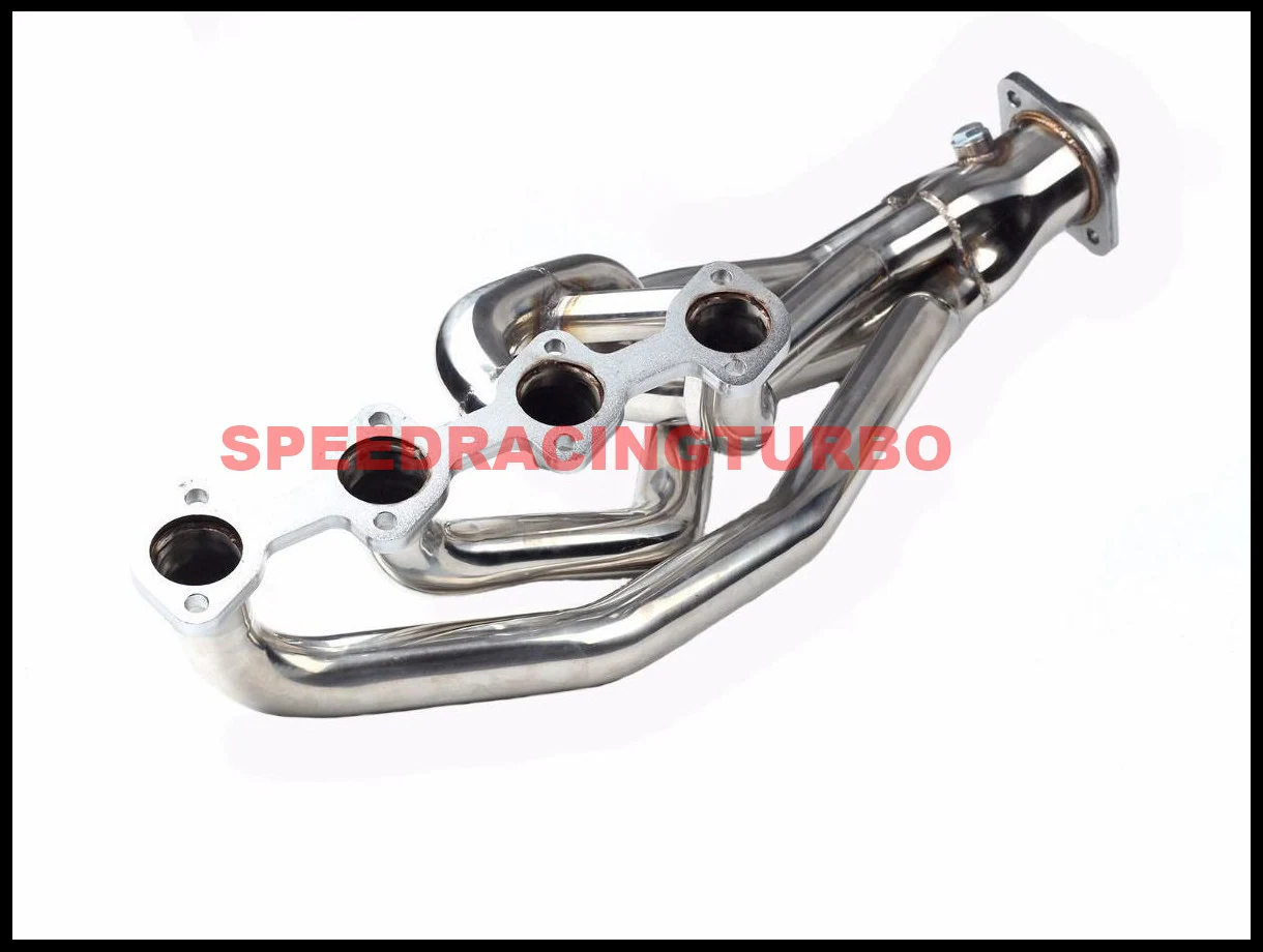 Side view of paired exhaust headers with 1-3/4 inch primary tubes and mirror finish