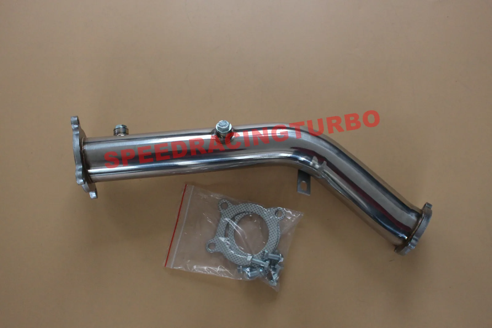 Close-up of CNC machined flange on 3 inch turbo downpipe for Audi 2.0T B8 platform