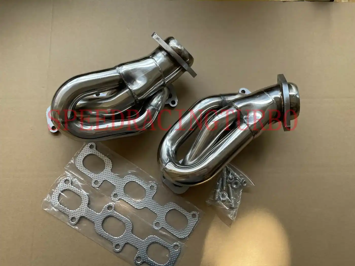 Pair of mirror polished T304 stainless steel shorty exhaust headers for 2011-2015 Ford Mustang 3.7L V6 D2C with CNC machined flanges
