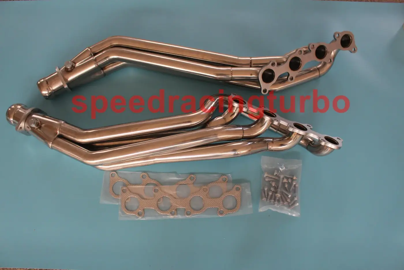 Close-up of TIG welded joints on a long tube header for Ford Mustang GT