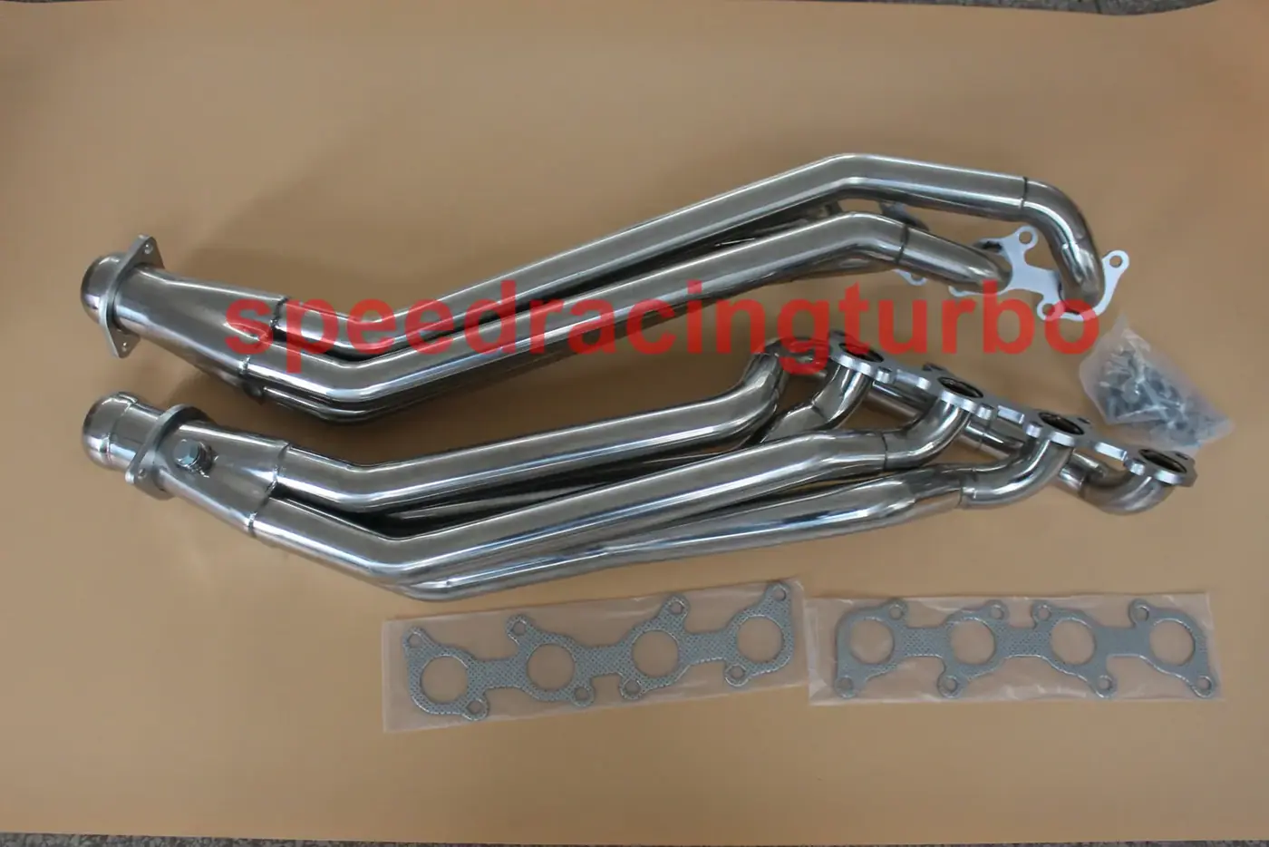 Stainless steel 4-1 long tube header for 2011-2016 Ford Mustang GT 5.0L V8 with CNC machined flange and O2 sensor insertions