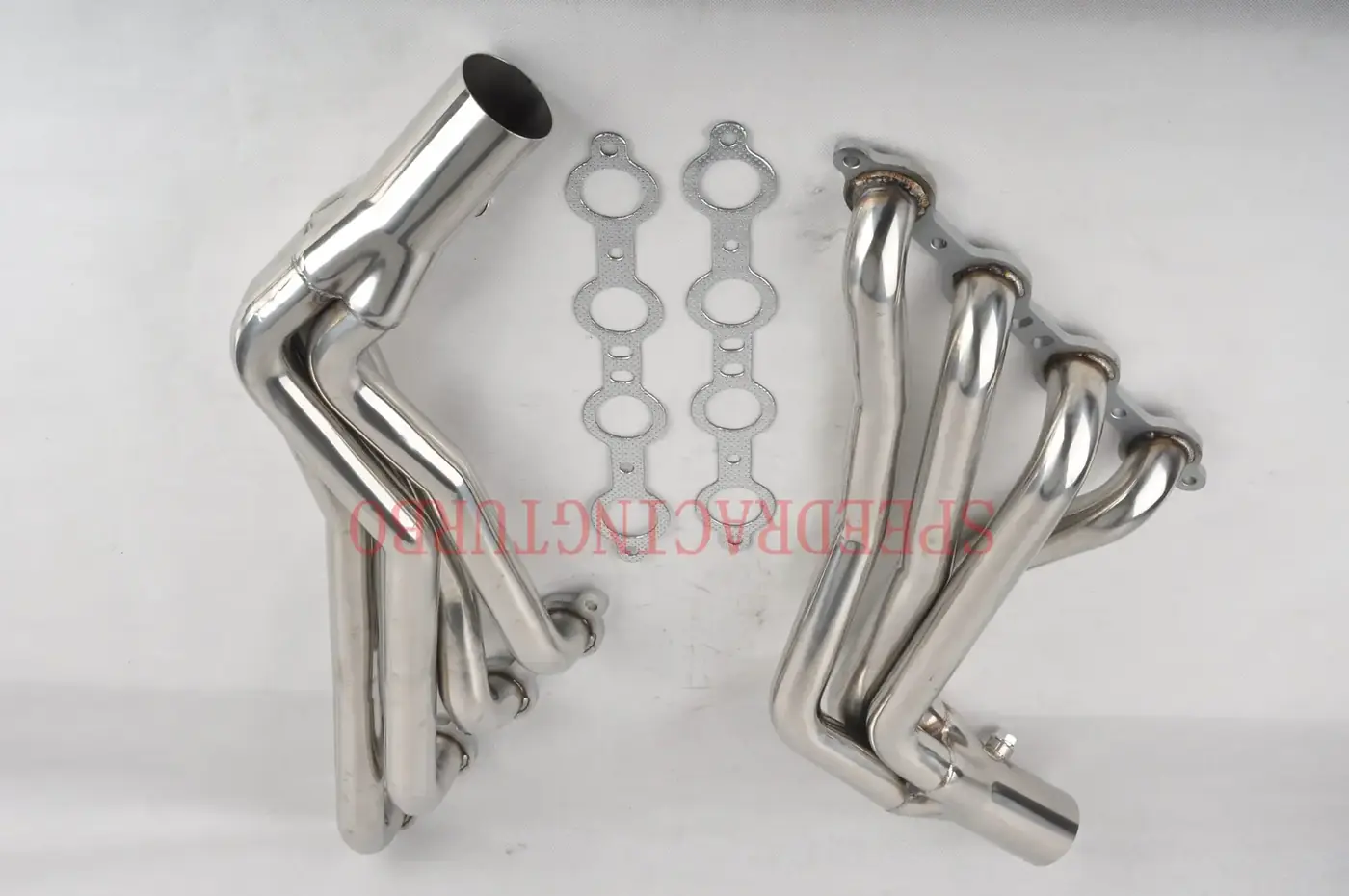 Mirror polished stainless steel 1-3/4 inch long tube header pair with CNC machined flanges