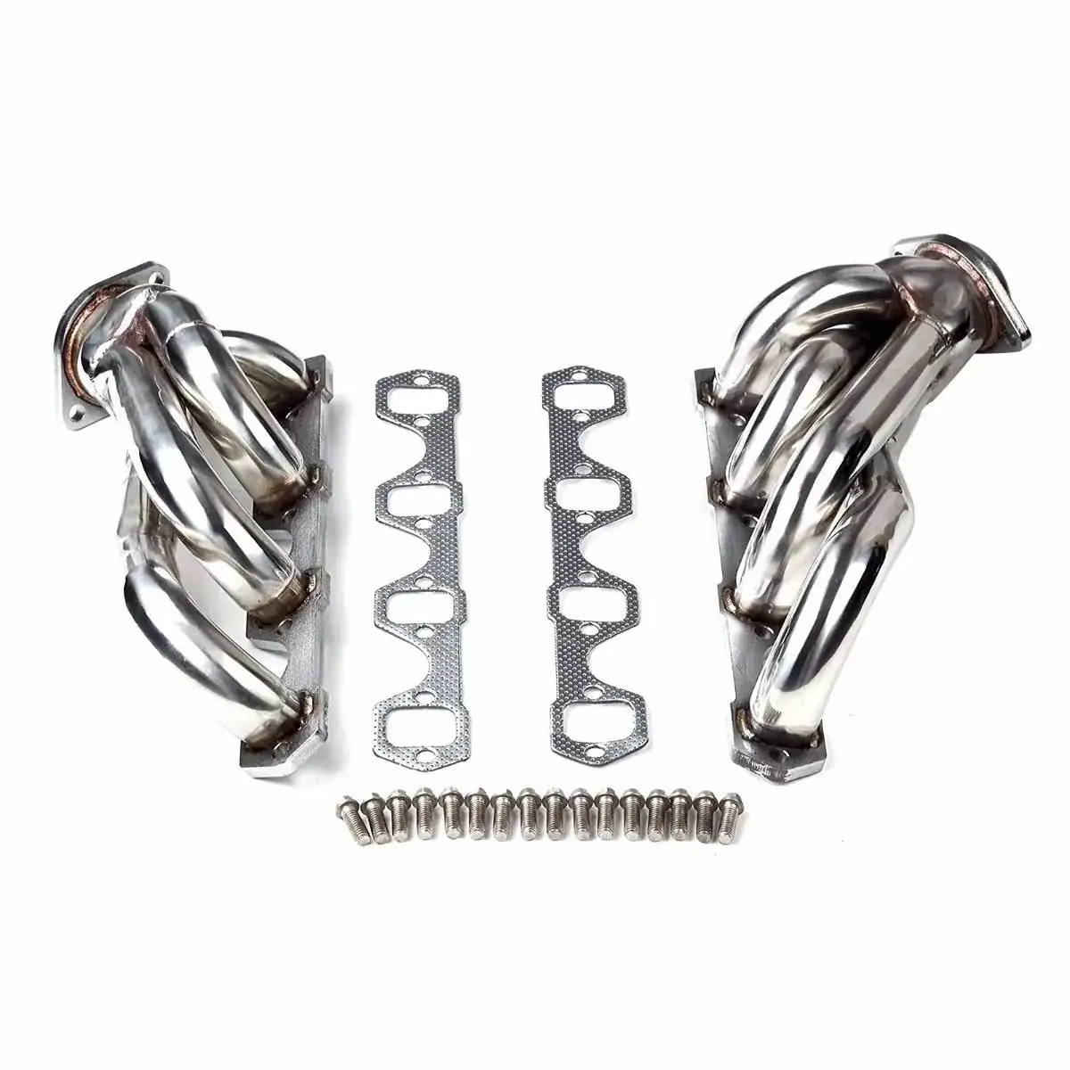 Polished 304 stainless steel exhaust header set for Ford Mustang 5.0 V8 with included gaskets