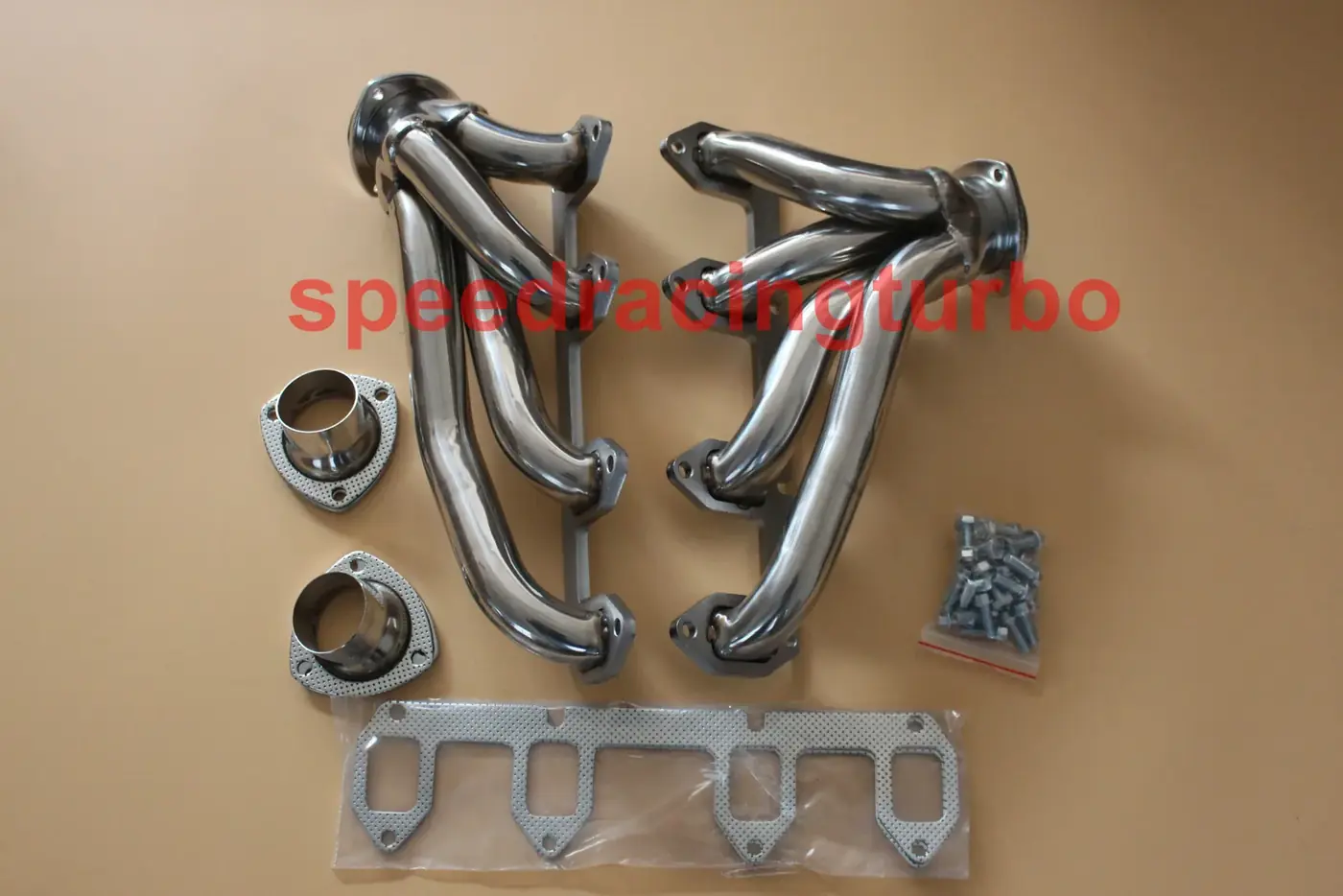 Stainless steel shorty exhaust header pair for 1957-1967 Ford Big Block FE 330/360/390 with 1-3/4 inch primary tubes and 3-1/2 inch outlet