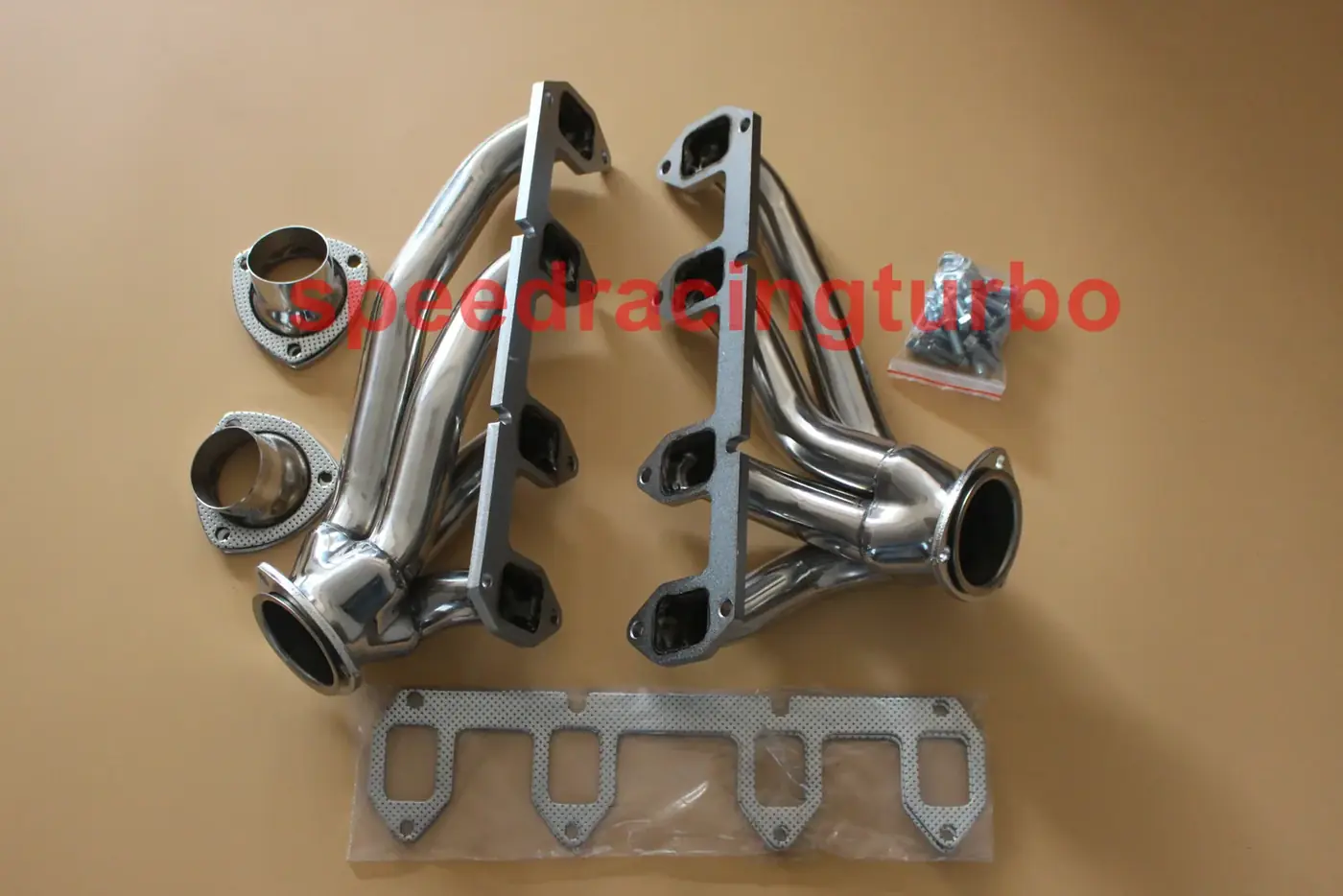 Close-up of CNC mandrel bent primary tubes and double side TIG welded flanges on Ford FE shorty header