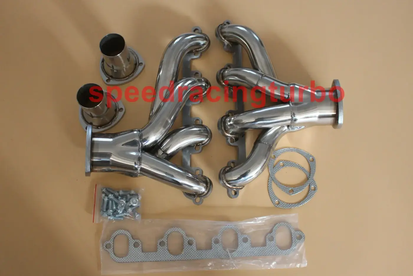Mirror polished stainless steel shorty hugger exhaust header set for Ford 429/460 Big Block V8 with 2 inch primary tubes and CNC machined flanges