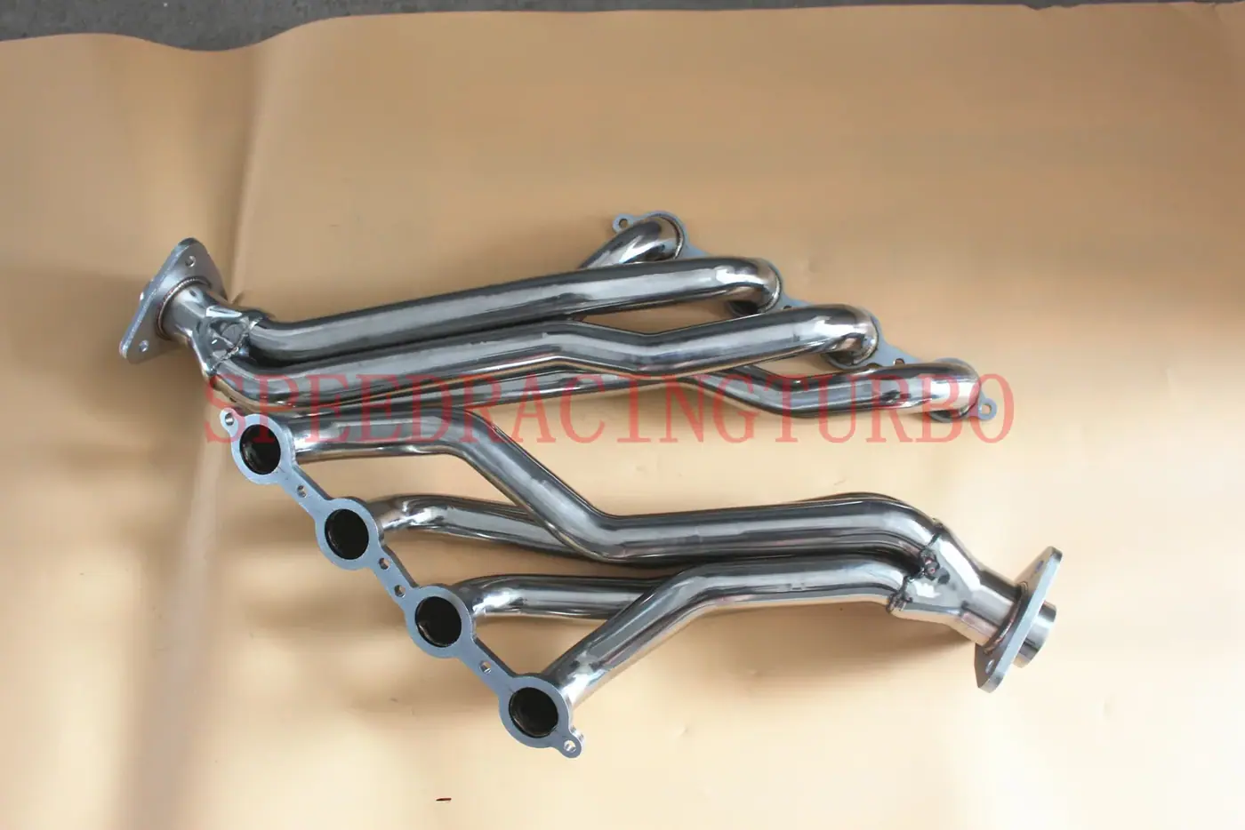 Stainless steel long tube exhaust header with 1.75 inch primary tubes and 3 inch outlet, CNC machined flanges, 3 stage polish finish