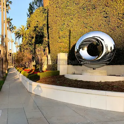 Large Circular Mirror Polished Stainless Steel Landscape Sculpture detail 2