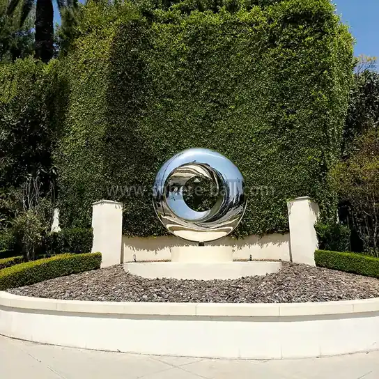 Large Circular Mirror Polished Stainless Steel Landscape Sculpture