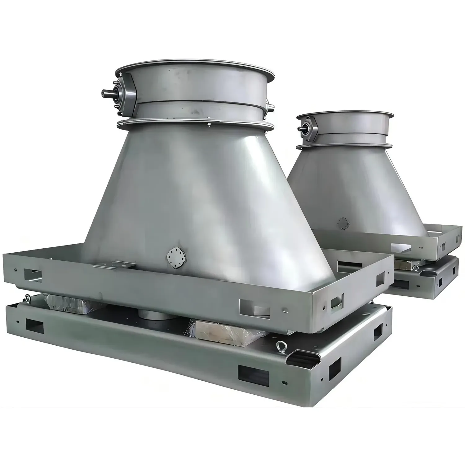 Twin cone hopper assembly mounted on a fabricated steel skid base