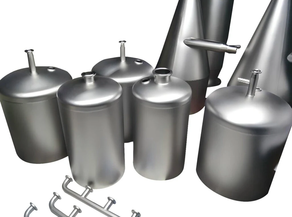 Group of stainless steel conical weighing vessels for dosing treatment chemicals