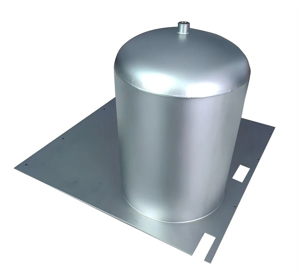 Stainless steel storage vessel mounted on a fabricated base plate