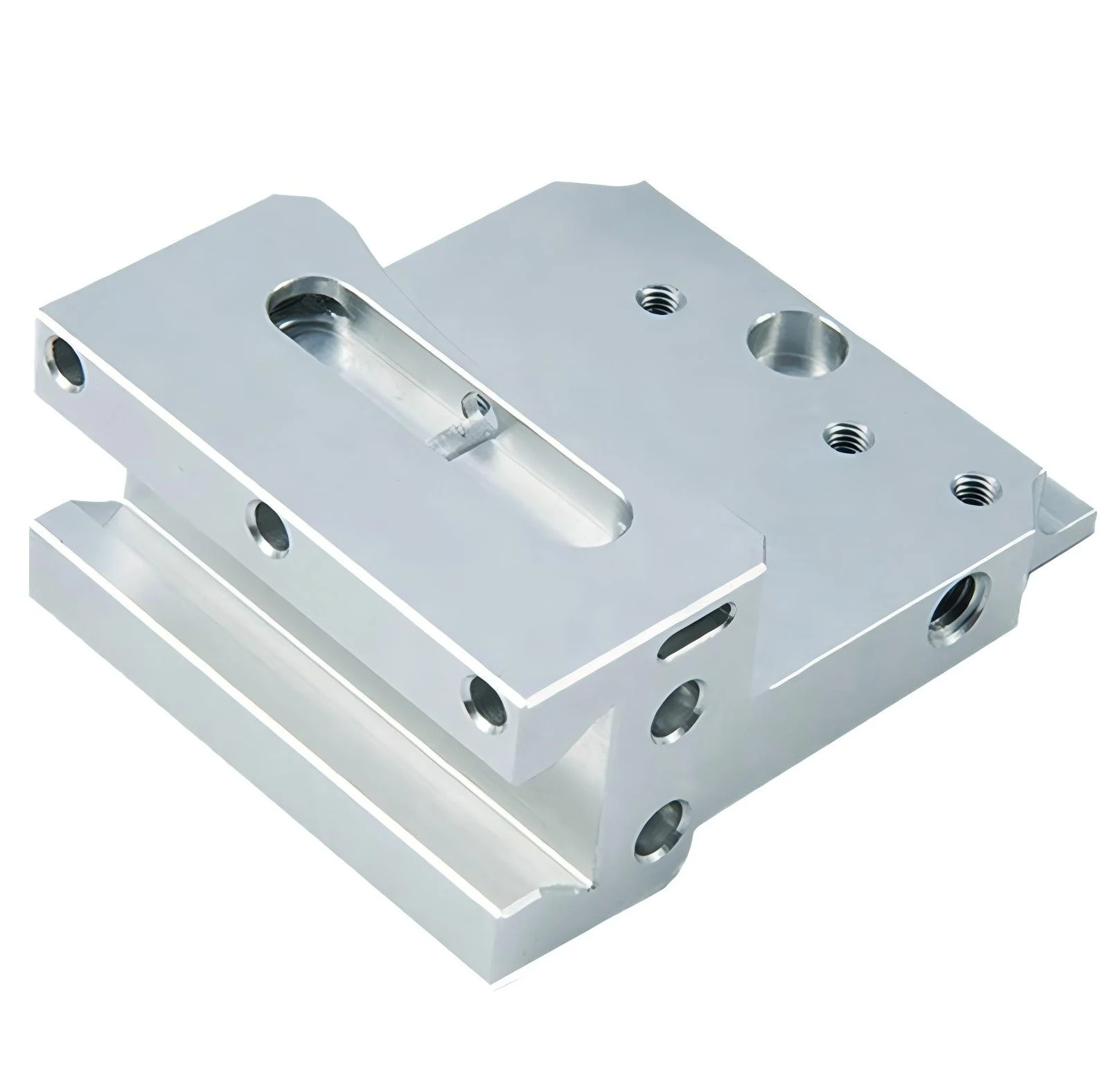 Machined aluminium mounting blocks with bored and slotted features