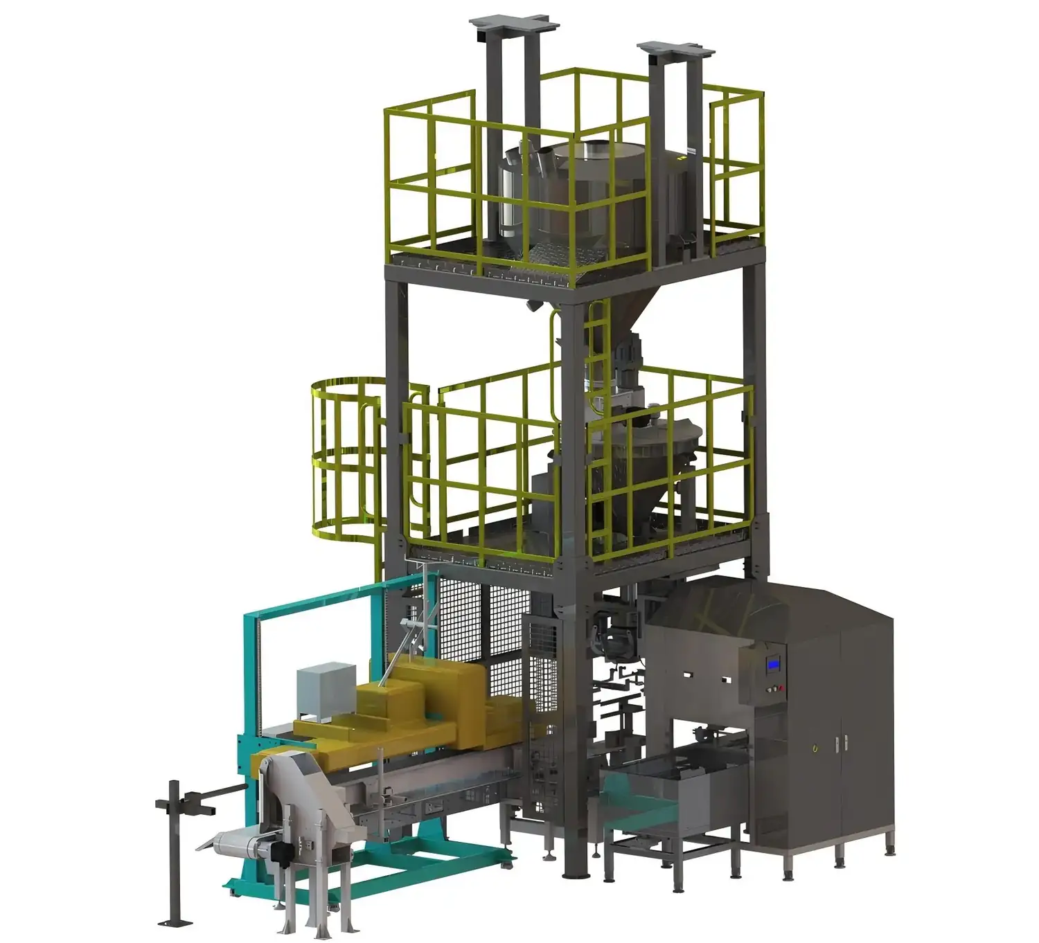 Fully automatic bottom-fill packaging machine with access platform and control cabinet