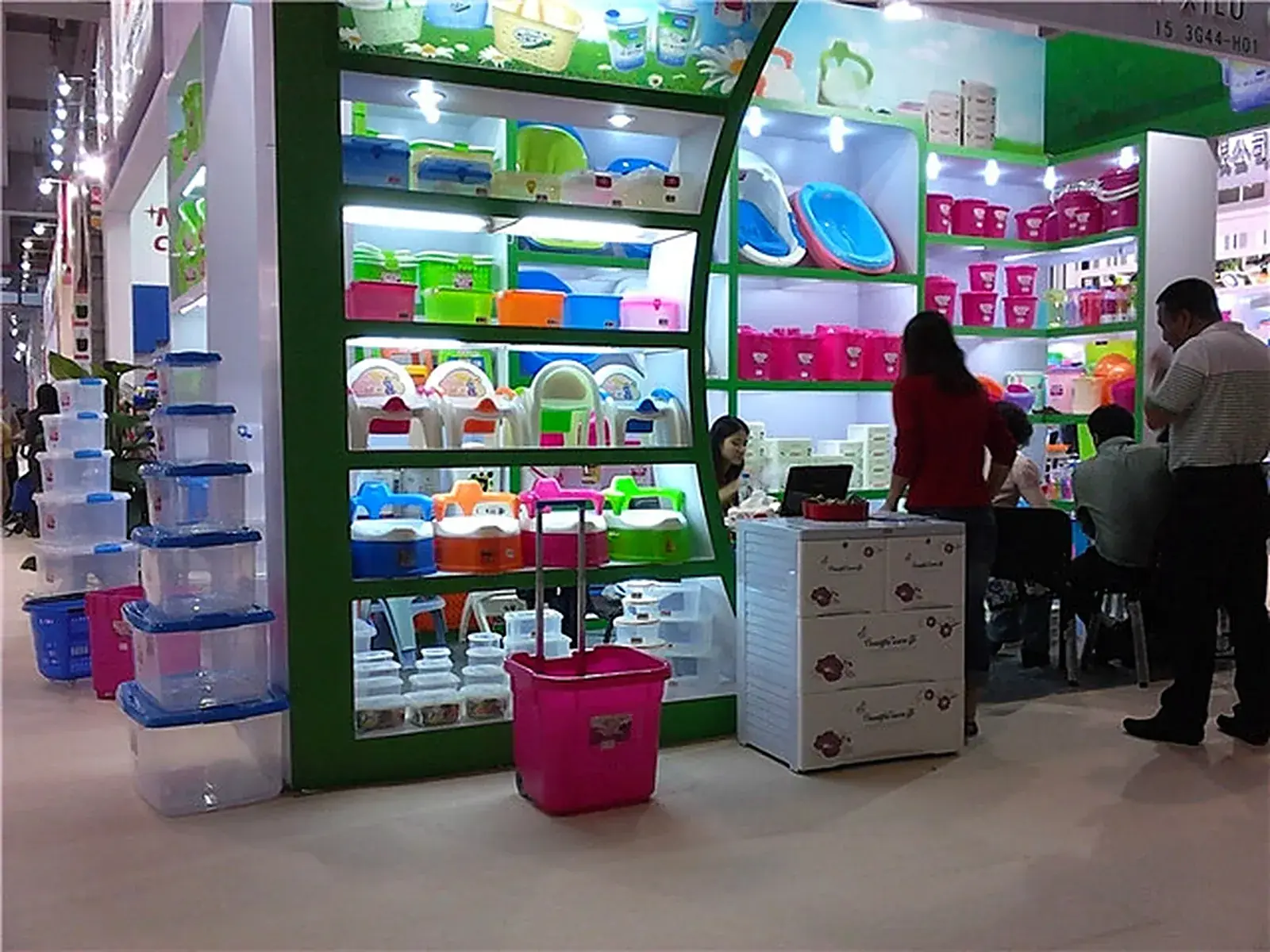 New Creative Plastic stand at a trade fair showing storage boxes and baby items