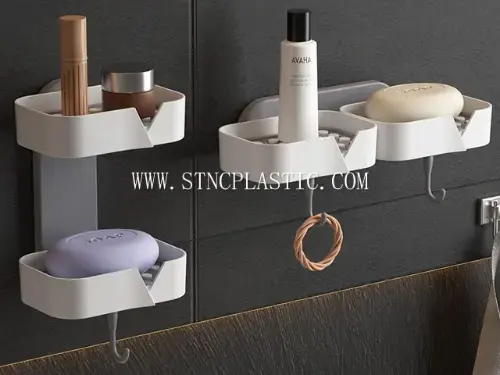 Plastic Unprinted Wall-Mounted Double-Compartment Storage Rack With Hook NC034732 plastic houseware product photograph