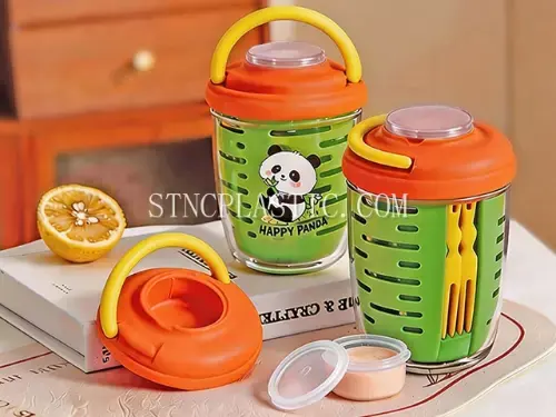 Plastic Cartoon Bear Portable Handheld Drainable Fruit Cup With Sauce Box And Fork 600ml NC035112 plastic houseware product photograph