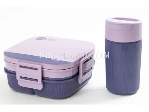 Lunch Box & Coffee Cup Set (1700ml+380ml) Square Plastic 2-Layer 6-Grid Lunch Box With Spoon NC035291 plastic houseware product photograph