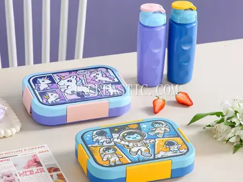 Lunch Box+water Bottle Set 980ml+540ml Plastic Cartoon Pattern 3-Grid Lunch Box With Spoon NC035305 plastic houseware product photograph