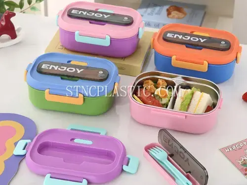 304 Stainless Steel 3 Compartments Bento Box With Fork & Spoon 1000ml NC035503 from the Plastic Lunch Box And Bento range